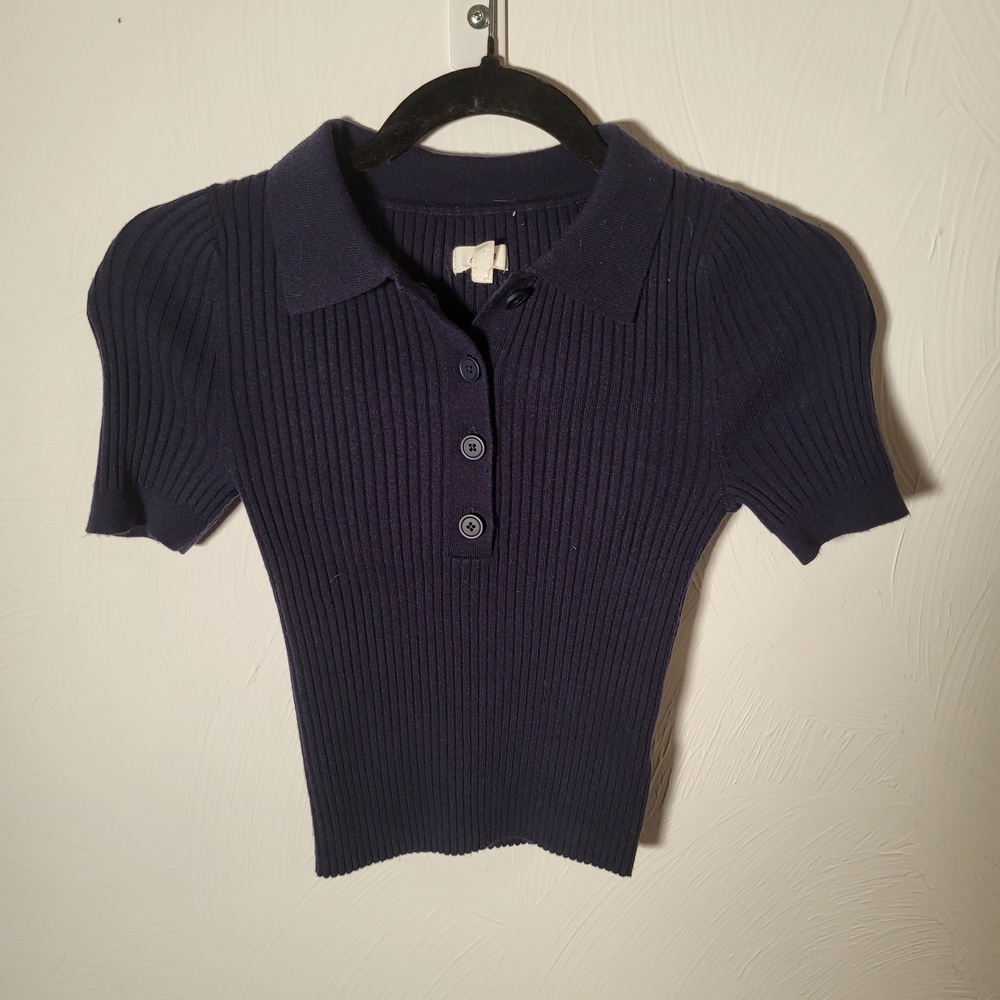 Aerie Dark Blue Ribbed Polo Shirt